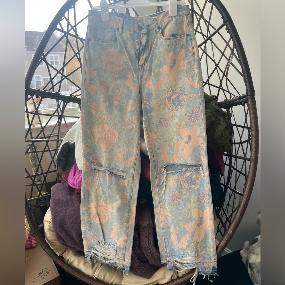 Blank NYC Floral Distressed Jeans - Blue Pink & Peach
